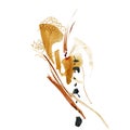 Watercolor abstract composition of linear grass with gold berries and spots. Hand painted autumn card of plants isolated