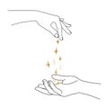 Watercolor abstract composition of linear hands and gold stars. Hand painted minimalistic composition isolated on white