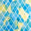 Watercolor abstract diamonds background with drops and splashes.