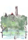 Watercolor abstract drawing travel sketch tower and the roof behind the green thickets and their reflection in the lake, a place