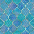 Watercolor abstract geometric seamless pattern. Arab tiles. Kaleidoscope effect. Watercolour vintage mosaic texture Royalty Free Stock Photo