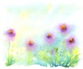 Watercolor abstract greeting with flowers, grass and sky. hand painted illustration