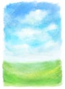 Watercolor abstract landscape, clouds on blue sky and green grass. hand painted background Royalty Free Stock Photo