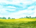 Watercolor landscape with clouds on blue sky and green grass. hand painted background Royalty Free Stock Photo