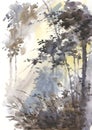 Watercolor abstract landscape, forest in sunshine. Royalty Free Stock Photo