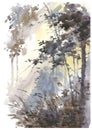 Watercolor abstract landscape, forest in sunshine. Royalty Free Stock Photo