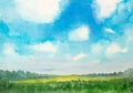 Watercolor abstract landscape with grass field and fluffy clouds
