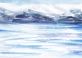 Watercolor abstract landscape. Ice fields, cold mountains. Light cloudy sky. Hand drawn on a paper illustration.