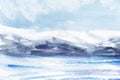 Watercolor abstract landscape. Ice fields, cold mountains. Light cloudy sky. Hand drawn on a paper illustration.