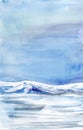 Watercolor abstract landscape. Ice fields, cold mountains. Light cloudy sky. Hand drawn on a paper illustration.