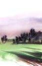 Watercolor abstract landscape of soft lilac evening in countryside. Hand drawn summer rural illustration. Dark blurry Royalty Free Stock Photo