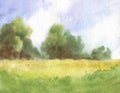 Watercolor abstract landscape with sunlight, green grass and trees. hand drawn illustration