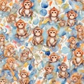 Watercolor abstract many little cute monkey doodle pattern Royalty Free Stock Photo