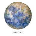 Watercolor abstract Mercury planet. Hand painted satellite isolated on white background. Minimalistic space illustration Royalty Free Stock Photo