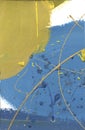 Watercolor abstract pained canvas. Desert effect acrylic splashes hand made paint yellow and blue lines texture. Blue gradient