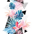 Modern art illustration with tropical leaves, grunge, marbling textures, doodles, geometric, minimal elements.