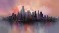 Watercolor panorama of city skyline.