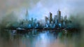 Watercolor panorama of city skyline at night.