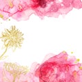 Watercolor abstract pink and burgundy background with gold flowers, hand drawn liquid texture with manual graphic. Banner