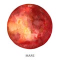 Watercolor abstract red Mars planet. Hand painted satellite isolated on white background. Minimalistic space