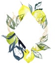 Watercolor abstract rhombic frame of gold lemons and linear leaves. Hand painted tropical border of fruits isolated on