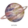 Watercolor abstract Saturn planet. Hand painted satellite isolated on white background. Minimalistic space illustration
