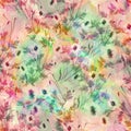 Watercolor abstract seamless background, splash of paint, blot, divorce.. Abstract flower silhouette, poppy,