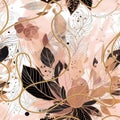 Watercolor abstract seamless pattern with doodle lines, flowers, leaves, spot, rope. Vector dirty leafy beautiful background. Royalty Free Stock Photo