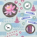 Watercolor abstract seamless pattern lotus flowers and geometric figure.
