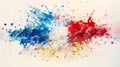 Watercolor abstract splashes background in France flag colors. Template for national holidays or celebration background. Royalty Free Stock Photo