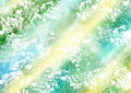 Watercolor abstract summer Background. White blots and splashes on colorful green, blue and yellow diagonal gradient