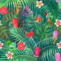 Watercolor abstract summer seamless pattern with bright green tropical plants, drinks, ice cream Royalty Free Stock Photo