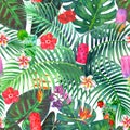 Watercolor abstract summer seamless pattern with bright green tropical plants, drinks, ice cream Royalty Free Stock Photo