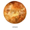 Watercolor abstract Venus planet. Hand painted satellite isolated on white background. Minimalistic space illustration Royalty Free Stock Photo