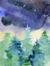 Watercolor abstract woddland, fir trees silhouette with ashes and splashes, winter background