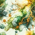 Watercolor acrylic hand drawn liquid smudged marble green yellow white splash splatter stain brush stroke lines gold glitter Royalty Free Stock Photo