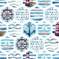 Watercolor adventure seamless pattern in patchwork marine style.