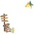 Watercolor adventure set angle frame, camp outdoor tourist camping symbols