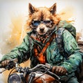 Watercolor adventure unfolds A wolf on a motorcycle