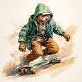 The watercolor adventure of Wolf on a Skateboard unfolds