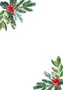 Watercolor aesthetic floral frame. Winter border made of hand-painted greenery, pine branches, berries Royalty Free Stock Photo