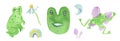 Watercolor aesthetic set of green frogs with violet.ÃÂ¡ottagecore collection of cute animals with daisy,rainbow,grebes,moon hand