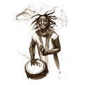 Watercolor african-american young man playing ethnic drum.