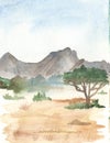 Watercolor African landscape with mountains, trees, meadow