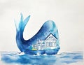 Watercolor of AI of a big blue whale carrying a white house full of inside