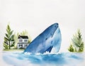 Watercolor of AI of a big blue whale carrying a white house full of inside