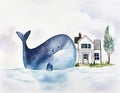 Watercolor of AI of a big blue whale carrying a white house full of inside