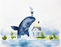 Watercolor of AI of a big blue whale carrying a white house full of inside