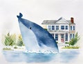 Watercolor of AI of a big blue whale carrying a white house full of inside