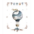 Watercolor air balloon and clouds. Hand drawn vintage collage illustration with hot air balloon and ribbon frame